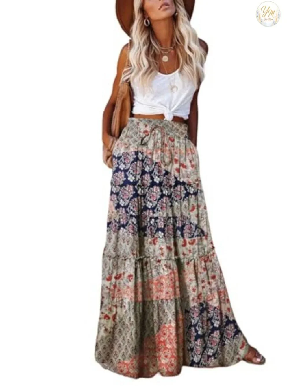 Women's High Waist Flowy A-Line Maxi Skirt with Pockets Boho Summer